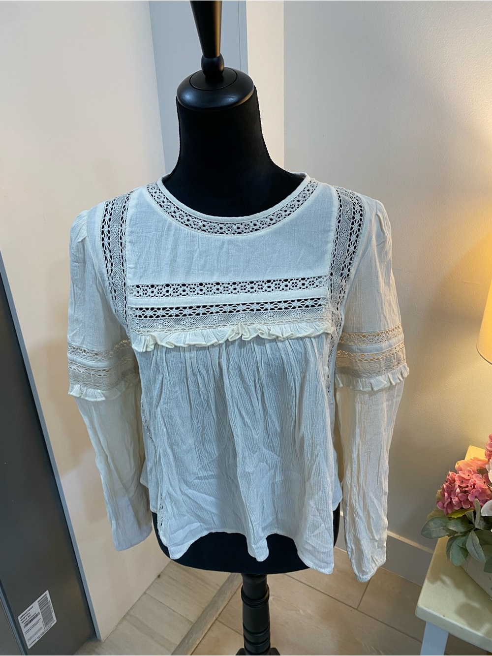 American Eagle Outfitters Cream Lace-Trim Peasant Blouse